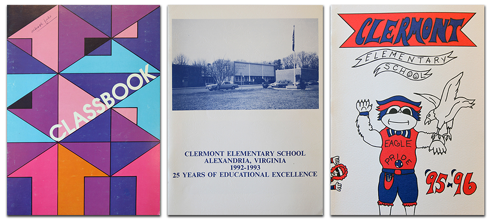 Photograph of the covers of three Clermont Elementary School yearbooks.
