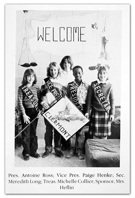 Black and white photograph of Clermont’s SCA officers and class sponsor taken in 1982. Pictured are President Antoine Ross, Vice President Paige Henke, Secretary Meredith Long, Treasurer Michelle Collier, and sponsor Mrs. Heflin.